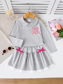 2pcs Girls Peter Pan Collar Top And Skirt 2 Pieces Set, Cute Bow Decor, Comfortable, Essential For Girls, Spring/Autumn