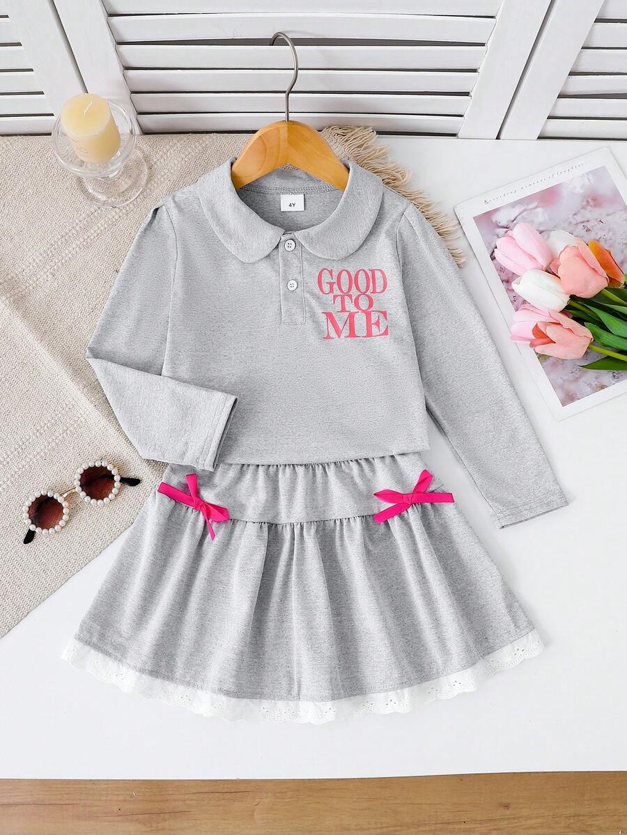 2pcs Girls Peter Pan Collar Top And Skirt 2 Pieces Set, Cute Bow Decor, Comfortable, Essential For Girls, Spring/Autumn