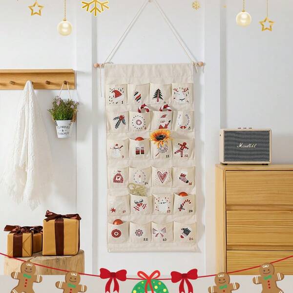 Christmas Advent CalendarChristmas Decorating SuppliesPerfect Christmas GiftsReusable Pocket Hanging BagsEco Linen Liner FabricChristmas Prints42 X 20 Inch 24 PocketsChristmas Countdown Calendar