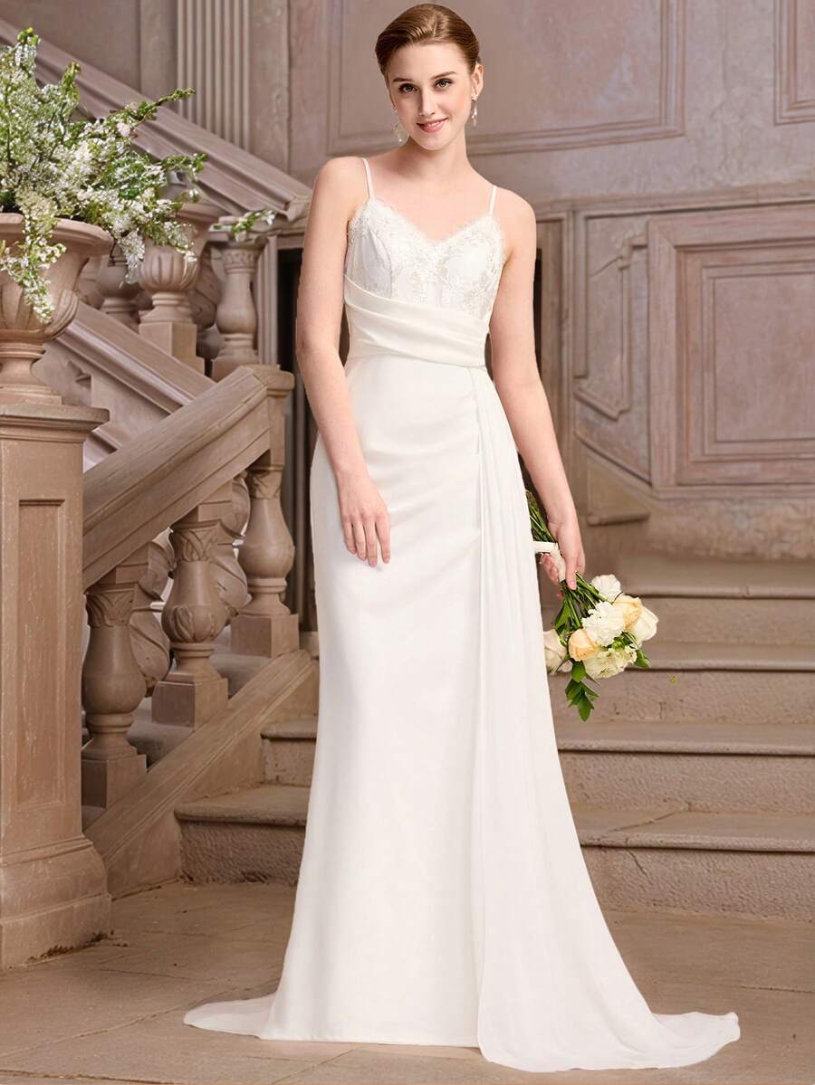 EVERPRETTY Elegant Embroidered Sleeveless Mermaid Wedding Dress, Paired With Flowing White Chiffon, Suitable For Summer Garden Wedding Party, Bridal Style - White - View 1