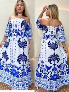 Women's Long Dresses All-Over Print Floral Knot Ruched Ruffle Hem Beach Summer - Blue - View 2