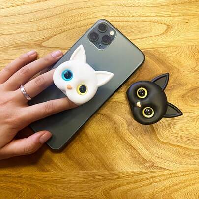 3D 卡通猫手机握持支架，可折叠桌面支架，可调节支撑角度，实用，时尚，适用于所有手机类型，小巧便携，兼容 、Android 手机，生日、家人、朋友的礼物，推拉式手机握持支架，手机配件