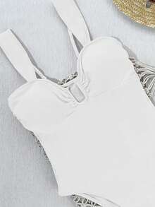 Women's Solid Color Ruched Camisole One-Piece Swimsuit, Fashionable For Vacation - White - View 9
