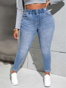 Women's Skinny Hip-Lifting Jeans, High Waist Stretch Jeans, High Waist Stretch Blue Skinny Jeans, Elastic Bands On The Hems, Women's Jeans, Women's Tall Jeans With Pockets, Women's Curve Skinny Jeans, Teacher's Pants, Blended Material 75% Cotton, 23% Polyester. The Hems Are Pencil-Cut, The Fabric Is Light Blue, Washed And Faded Design Style, With A Tear, A Total Of Four Pockets, And No Belt.