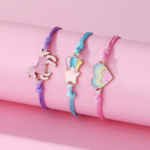 3pcs/Set Zinc Alloy Colorful Drip Painting Little Horse, Star, Heart Charms Adjustable Braided Rope Bracelet Set, Suitable For Friends To Wear Together