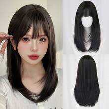 Tóc giả dài trung bình 22 inch nhiều lớp dành cho nữ, màu nâu, có mái, chất liệu sợi tổng hợp cao cấp, mềm mại, tự nhiên, chịu nhiệt, thích hợp cho đi làm, đi học, dự tiệc âm nhạc, quà tặng cho bé gái. - màu đen - Xem 12