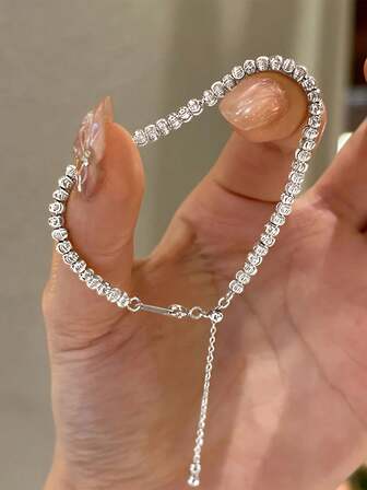 1 pieza Pulsera de cadena con cuentas geométricas brillantes elegante y de moda de plata esterlina 925 para uso diario, regalo de joyería de amistad y cumpleaños para mujeres