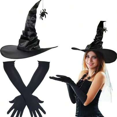 1 件万圣节装饰角色扮演女巫帽、黑色万圣节褶边蝙蝠蜘蛛巫师帽、万圣节派对帽、万圣节礼物