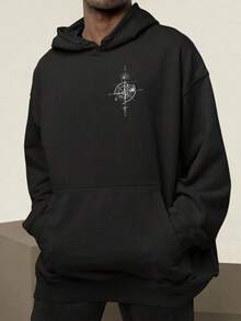 Printed Sweatshirt Streetwear Cold Weather Top Compass  Flannel Unisex - Black - View 2