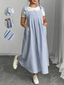 Plus Size Women Striped Dual Pocket Casual Loose Strap Dress Maxi Women Outfit