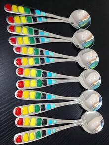 1/3/6/12 Pcs 7-Color Enamel Stainless Steel Soup Spoons, Household Long Handle Dining Spoons, Western Style Soup Spoons, Round Spoons And Rainbow Spoons, Dessert Spoons And Honey Spoons (Handle Colors Are Hand-Glued, Nearly Perfect), 1pc/3pcs/6pcs/12pcs - Multicolor - View 15