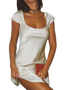 Women Mini Dress Elegant Short Sleeve U Neck Dots Print Summer Dress For Club Party - 白色 - 查看 7