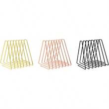 Soporte de exhibición Uji, Organizador de libros, archivos y revistas, Estantería de escritorio de alambre metálico para organizador de libros, Estante de exhibición triangular ajustable para decoración del hogar y oficina- 7 ranuras en color dorado - Negro - Ver 5