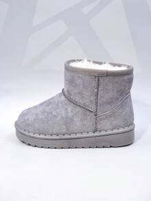 秋冬儿童雪地靴，中帮平底毛绒内衬女童鞋，厚底保暖男童靴，幼儿短靴 - 灰色 - 查看 3