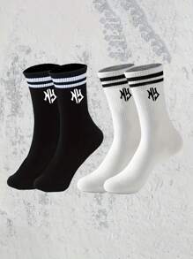 1/10双装中筒袜，黑白相间，印有NY字母图案，双条纹设计，休闲百搭运动袜，适合日常穿着 - 黑與白 - 查看 5