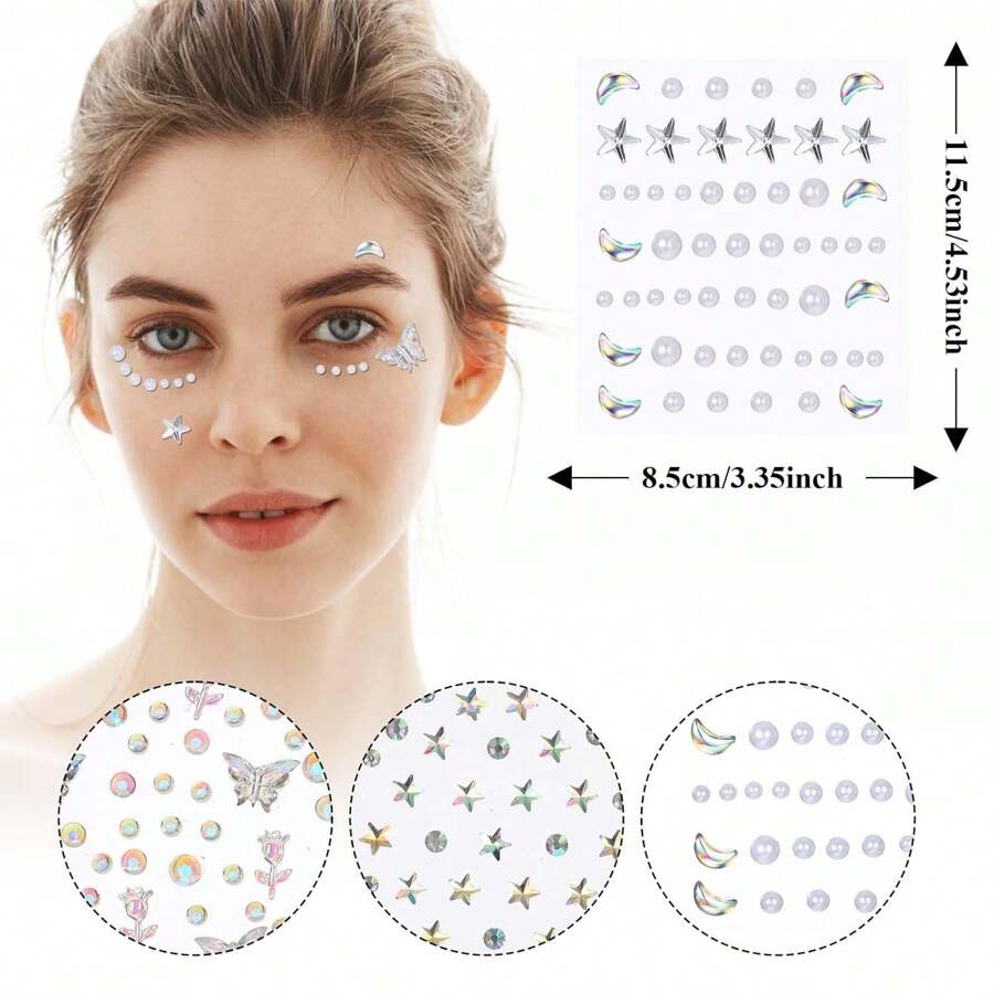 4张水钻临时纹身脸部闪光石自粘DIY眉毛和眼睛贴纸用于额头和脸部粘性贴纸水钻贴纸适用于万圣节狂欢派对 - 1 - 查看 1