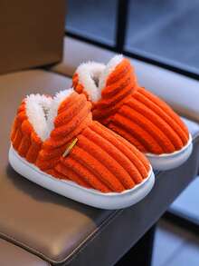 1 双儿童男童/女童休闲防滑毛绒内衬包头家居拖鞋，温暖毛绒室内拖鞋，儿童生日礼物 - 橘色 - 查看 3