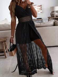 Scacto Women's Summer Elegant Lace Jumpsuit - V-Neck Sleeveless Romper With Intricate Detailing - màu đen - Xem 1