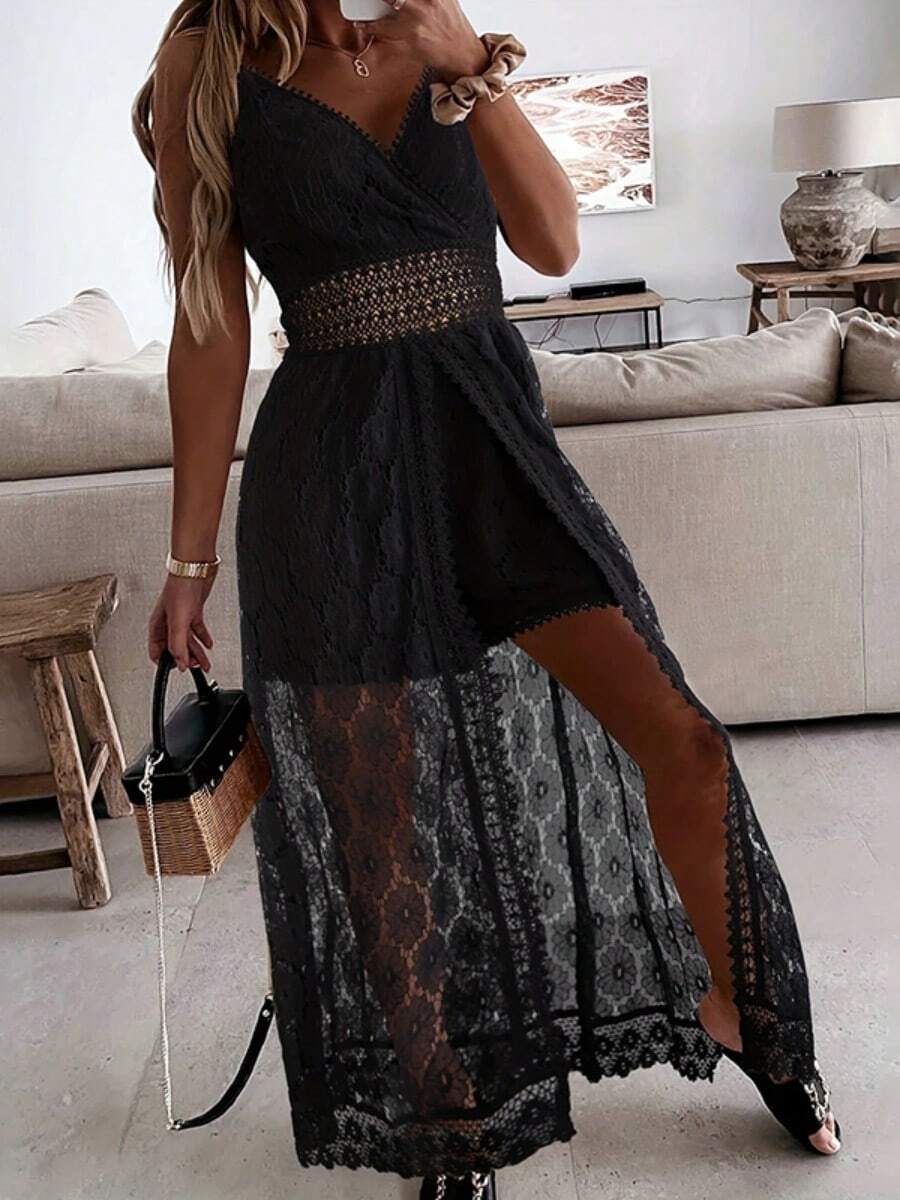 Scacto Women's Summer Elegant Lace Jumpsuit - V-Neck Sleeveless Romper With Intricate Detailing - màu đen - Xem 1