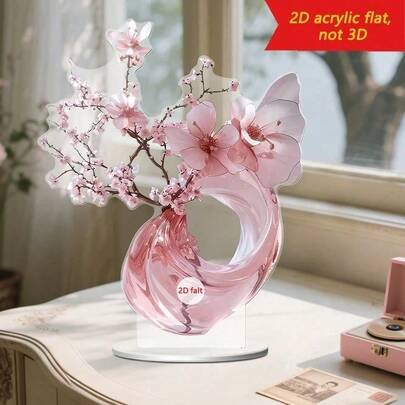 1pc Elegant Pink Sakura 2D Acrylic Desktop Decor, Rose And Purple Floral Sakura Style Home And Office Decor, Ideal For Living Room, Bedroom, Study Room, Perfect Gift For Friends And Family, Office Decor Plaque And Decoration, 2D Flat