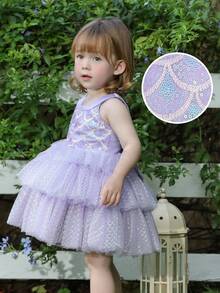 Baby Girls' Mermaid Bow Sequin Deep V Back Tulle Lavender Elegant Princess Dress, Suitable For Baby's 1st Birthday Gift, Banquet, Evening Party, Special Occasion, Holiday Celebration - Mauve Purple - View 9
