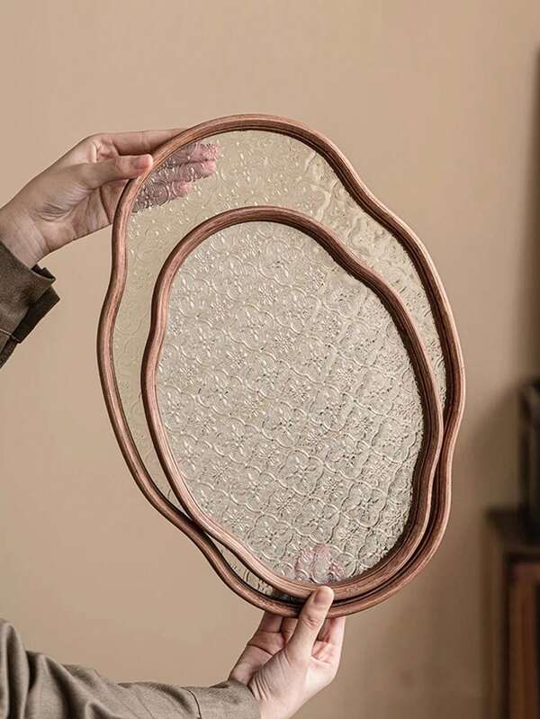 1 pezzo Vassoio portaoggetti in vetro con fiori di melo selvatico, vassoio da tè in stile vintage, attività fai-da-te, portacandele in smalto cloisonné, vassoio in vetro a forma di nuvola asimmetrica, adatto per varie occasioni (con texture naturale irregolare del legno del telaio)