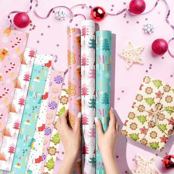 6 piezas Papel de regalo navideño rosa que irradia un ambiente festivo cálido. Estos exquisitos envoltorios están diseñados especialmente para Navidad. Con un rosa suave como color principal, están decorados con lindos diseños como bastones de caramelo, árboles de Navidad de pan de jengibre, etc. Son muy adecuados para envolver regalos de Navidad, regalos de cumpleaños, etc.