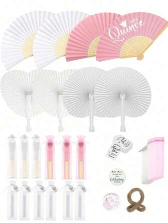 32/16/15/4/3 件粉色折叠竹制手持纸扇婚礼手持扇套装，带标签和黄麻绳，趣味 DIY，情人节新年礼物，家居装饰，适用于婚礼新娘送礼会装饰，婚礼回礼，派对回礼，婚礼装饰，家居装饰，房间装饰