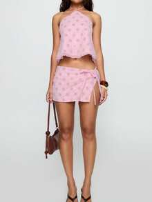 Women Summer Fashion Sleeveless Polka Dot Tie Hanging Neck Set Top + Shorts Club Seaside Tank Top Short Skirt Set - Hồng - Xem 3