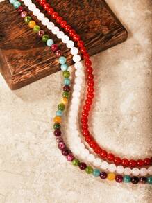 1 pièce Collier de mode bohème en pierre naturelle de 8 mm pour femmes. Collier de perles colorées en tourmaline et cristal rose pour femmes