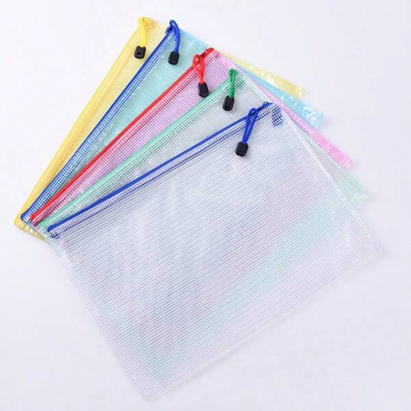 5 Pcs/Set Stationery Storage Folder File Mesh Zipper Pouch ,Waterproof, A5 Document Bag Zip File Folders School Office Supplies
