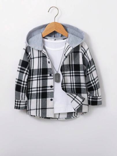 Young Boy Plaid Long Sleeve Single-Breasted Casual Hooded Shirt