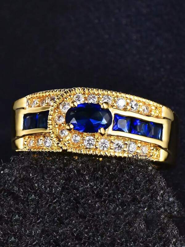 1 Peça Anel Banhado a Ouro Luxuoso - Anel de Noivado Elegante com Gema Oval, Estrutura de Latão Durável Incrustad a Cubic Zirconia Azul e Transparente, Presente Ideal para o Dia dos Namorados