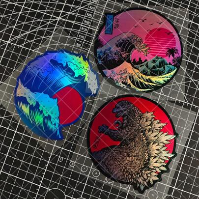 1pc The Great Wave Off Kanagawa Ukiyo-E Japanese JDM Laser Engraved Premium Vinyl Car Decal Sticker, Suitable For Vehicle, Motorcycle, Laptop, PC Case, Luggage Rolling Suitcase, Reflective Holographic