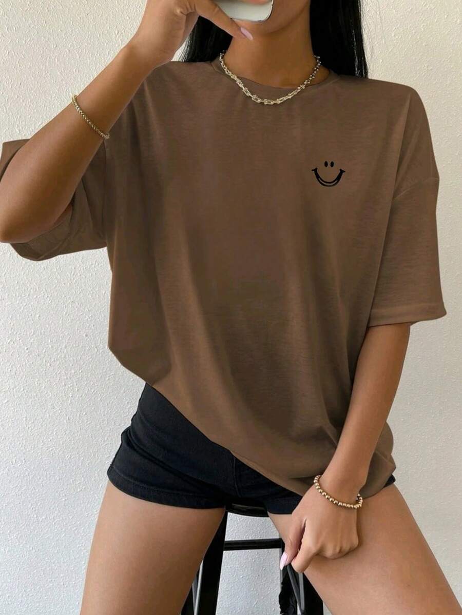 Women's 100% Cotton Casual Off-The-Shoulder T-Shirt With Smile Print - 棕色 - 查看 1