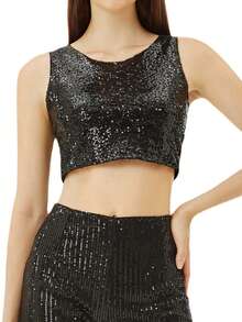Women Sequin Tank Tops Slim Sparky Round Neck Sleeveless Showing Navel Crop Vest  Summer Streetwear - 黑色 - 查看 6