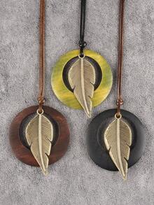 1pc Multi-Layer Brown Wax Rope Vintage Round Disc Five-Pointed Star Wood Bead Pendant Necklace With Big Hollow Leaf & Money Tree Charm, Antique Bronze Key & Note Pendant Necklace, Fashion Long Necklace, Great Gift For Mom & Girlfriend