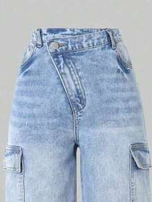 青少年女孩蝴蝶结图案印花圆领长袖上衣和工装口袋牛仔裤 - 白色 - 查看 7