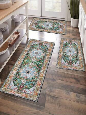 1ชิ้น พรมห้องครัวโบฮีเมียนลายดอกไม้สีขาวฐานเขียว, พรมข้างเตียงไฟเบอร์นุ่มพิเศษทันสมัย, พรมทางเดิน, เสื่อครัวซับน้ำกันลื่นสไตล์บ้านไร่, พรมปูพื้น, เสื่อยืนสบาย, เสื่อวิ่ง, พรมตกแต่งบ้านสำหรับงานปาร์ตี้, เสื่อทางเข้าในร่ม, พรมเช็ดเท้ากลางแจ้ง, เสื่อปูพื้นห้องครัวหนานุ่ม, พรมตกแต่งห้องครัวกันลื่น