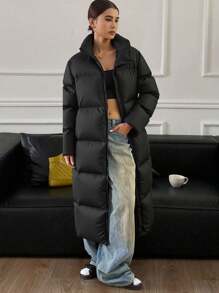 Livesso 女士宽松长款连帽羽绒服，长袖，冬季女装，女士冬装外套 - 黑色 - 查看 1