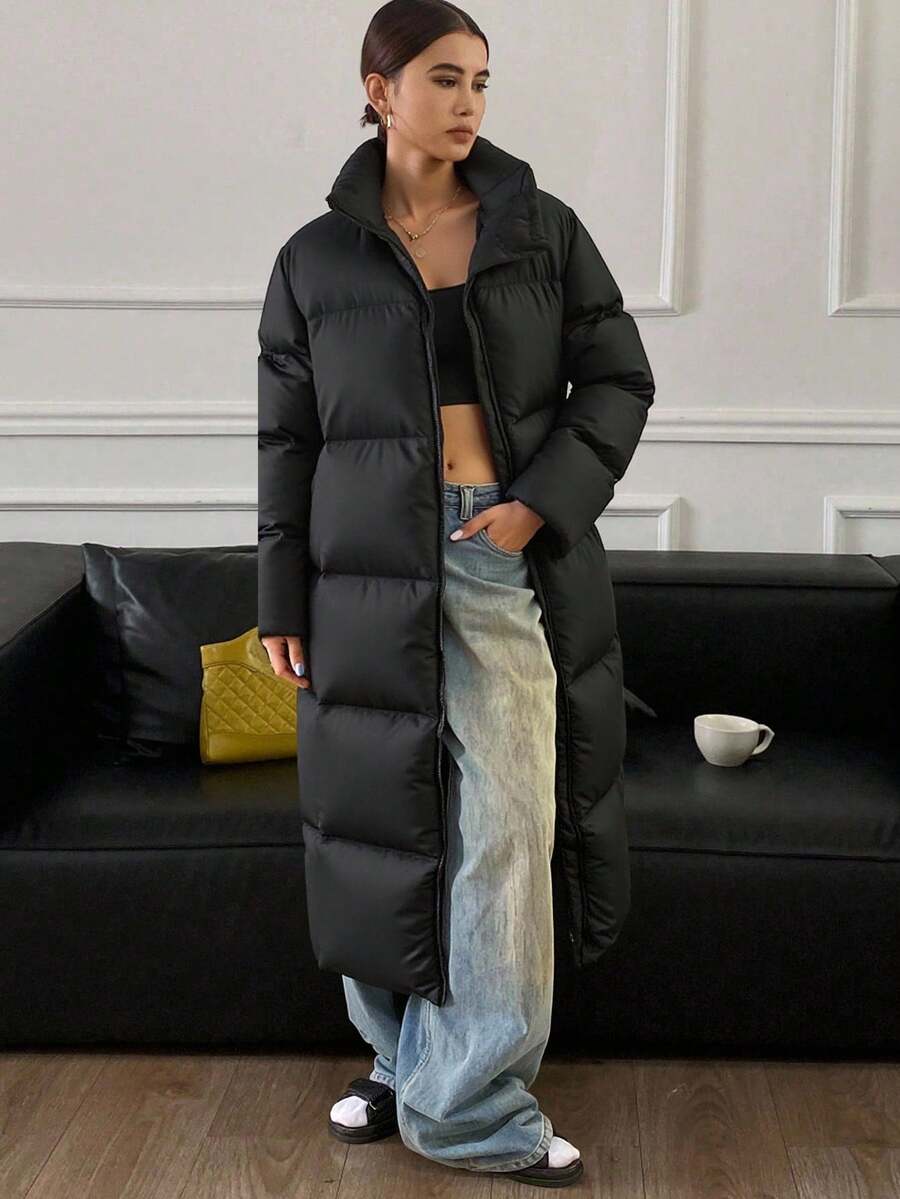 Livesso 女士宽松长款连帽羽绒服，长袖，冬季女装，女士冬装外套 - 黑色 - 查看 1