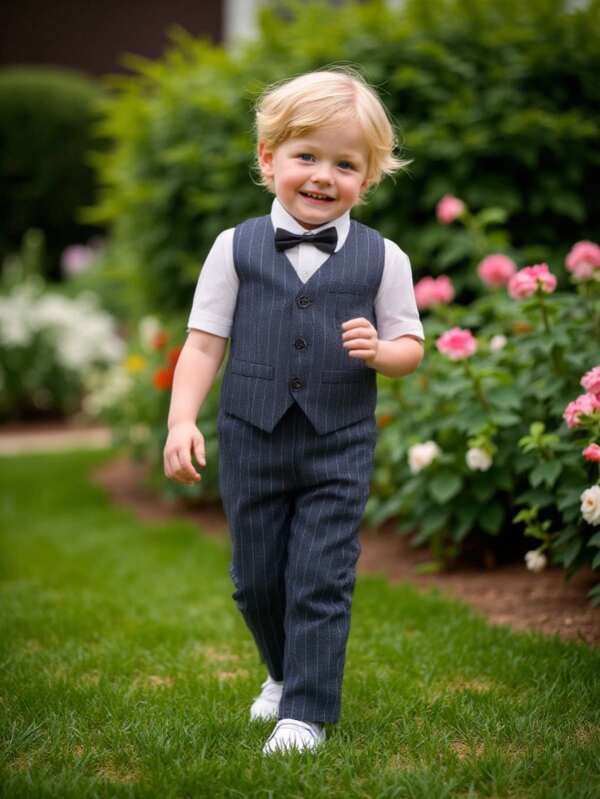 3pcs Boy's Formal Suit Set For Wedding, Performance, Birthday Party: Striped Waistcoat + Pants + Bowtie, In Gentleman Style