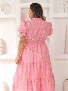 Women's Fashion Midi Dress In 3D Laise Fabric With Elastex On The Back And Button On The Front And Lining - 粉紅嬰兒雙色3d - 查看 2