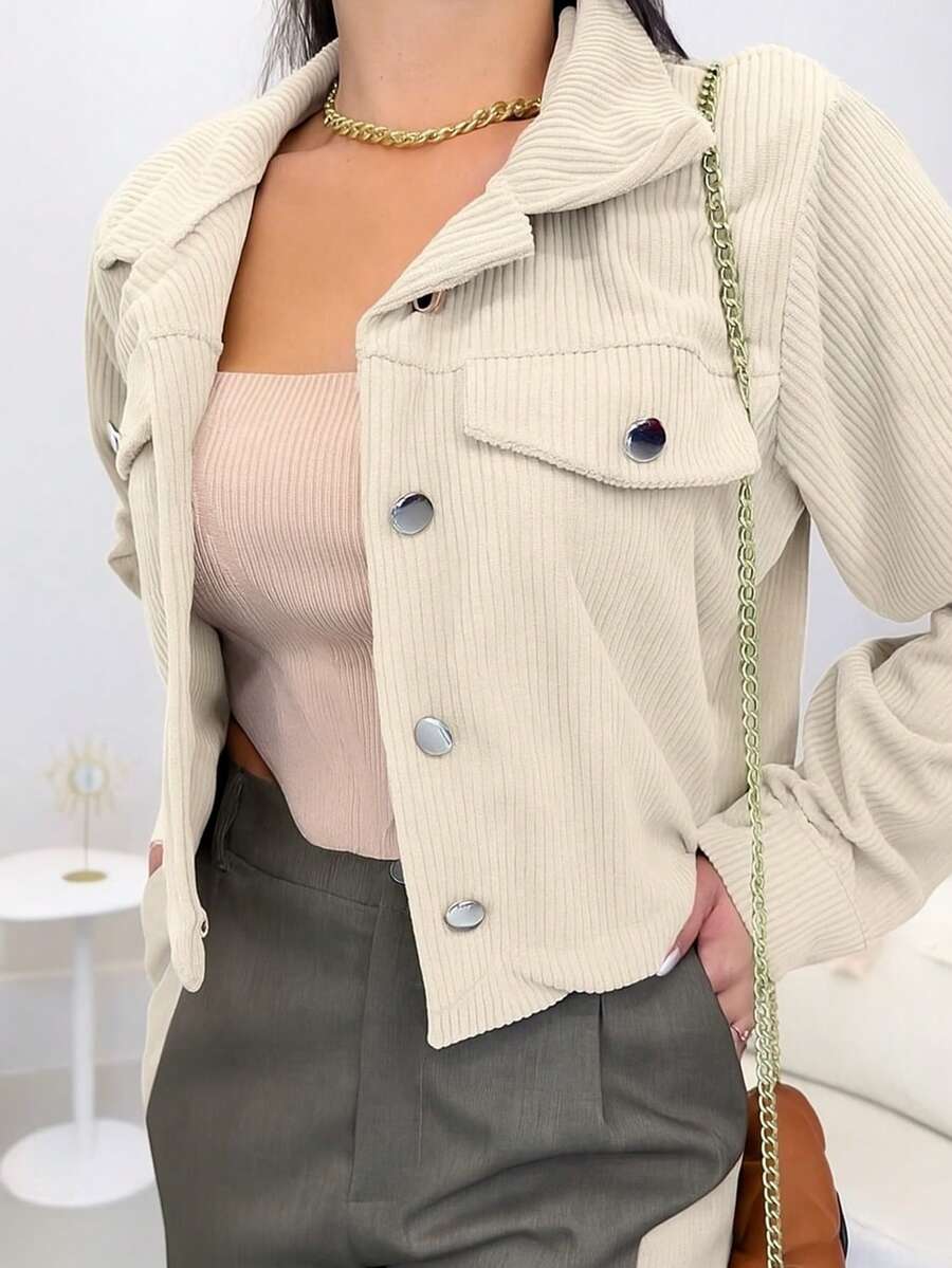 Women's Corduroy Jacket Casual Stylish Front Buttons Fake Pockets - Autumn Winter Fashion - 米色 - 查看 1