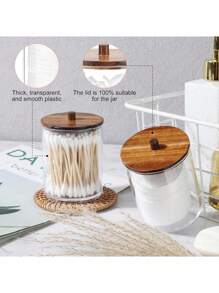 4 包 Qtip 支架分配器带木盖 10 盎司透明塑料药瓶容器用于梳妆台化妆品存储浴室配件套装用于棉签、垫子、球、牙线 - 彩色 - 查看 7