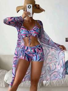 Women's Swimsuit Set, All-Over Print Bikini With Drawstring And Straps, 3-Piece Kimono Beach Cover-Up - 紫色 - 查看 3