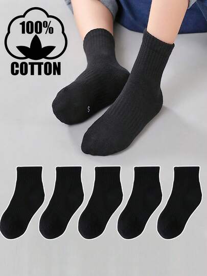 5 Pairs Kids Summer Thin Cotton Mesh Mid-Calf Socks, Breathable, Solid Black, Boys And Girls
