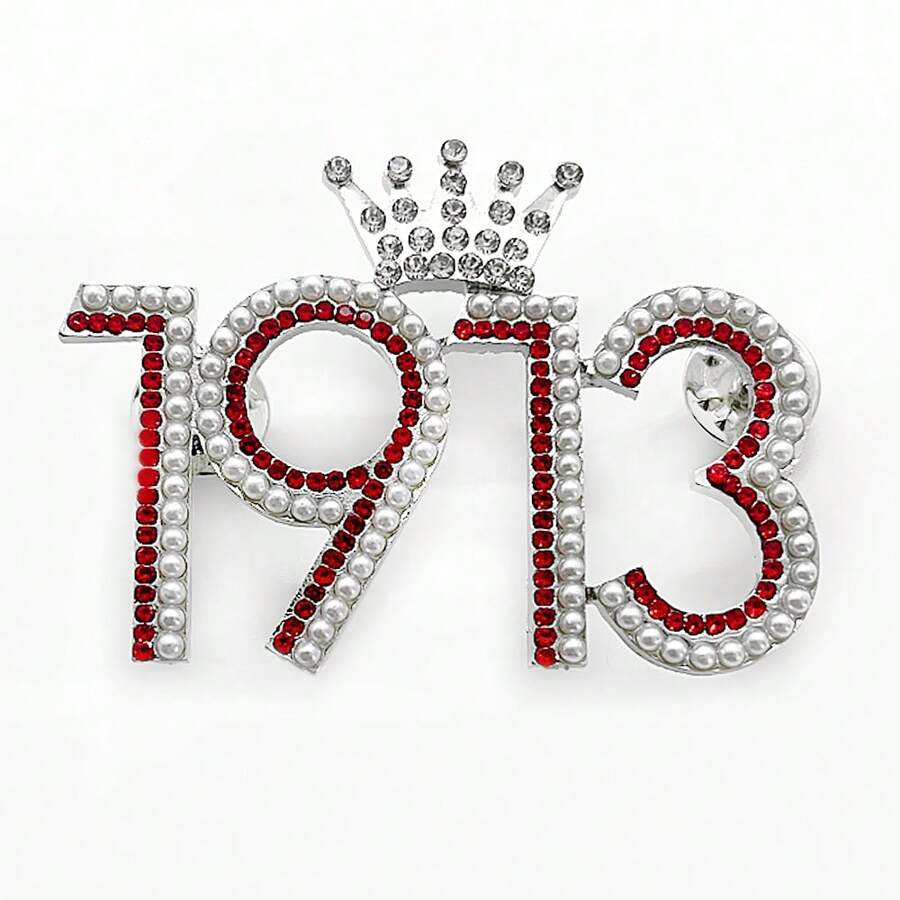 Red Greek Sorority DELTA Letter Society 1913 Crown Metal Rhinestone Brooch Women's DIY Jewelry Gift Souvenir Pin - 1913 - 查看 1