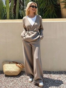 Livesso Set de 2 piezas: Cárdigan de manga de murciélago de unicolor y pantalones de punto para mujer, ropa de mujer de otoño - Caqui - Ver 2