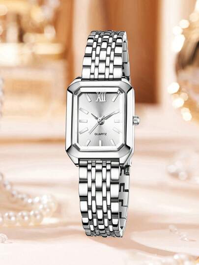 1pc Zilver Strap able Elegante Bar Scale Square Dial Quartz Horloge Wear ation Or Holiday view 2